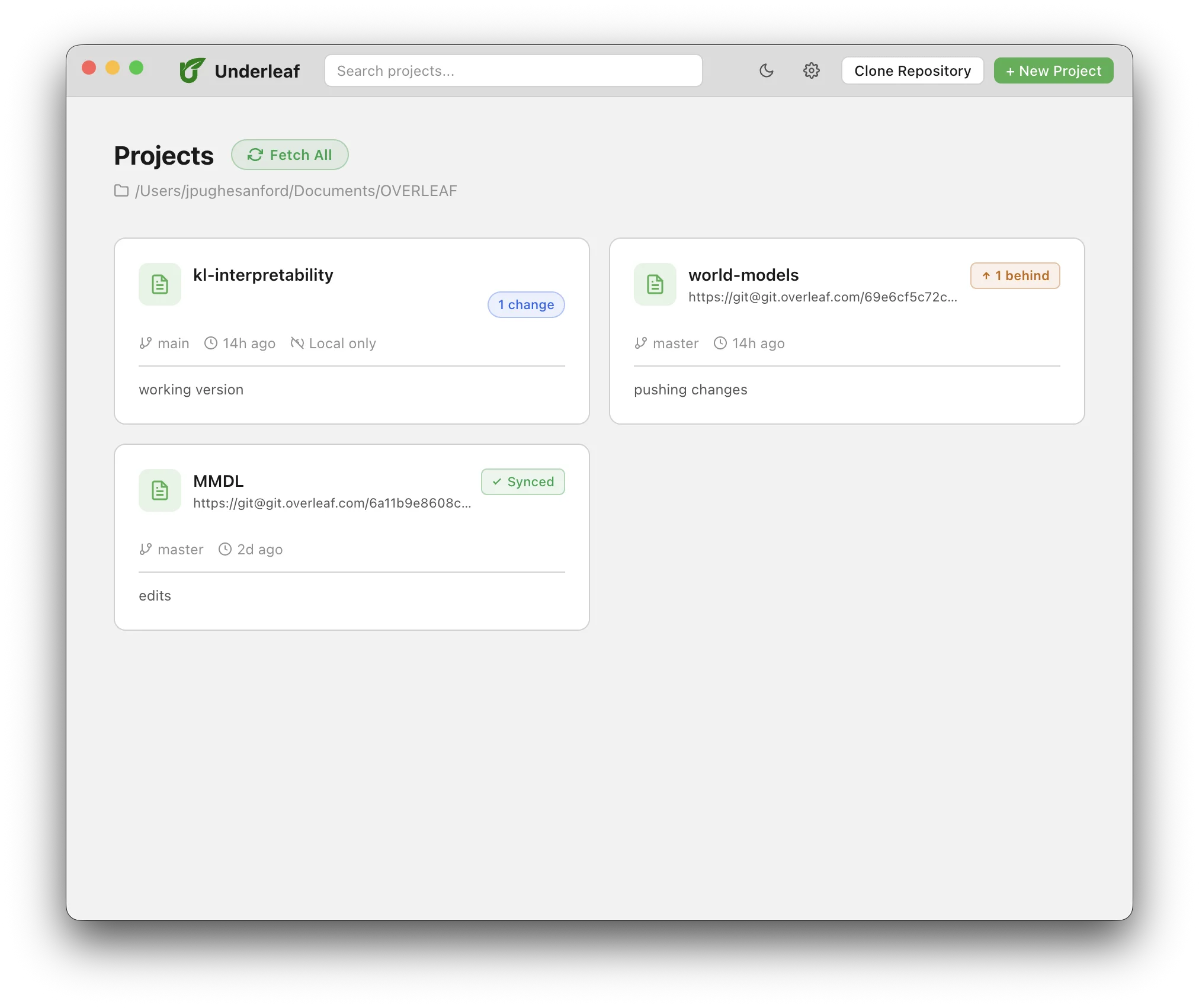 The Underleaf project dashboard, showing several LaTeX projects with their git sync status
