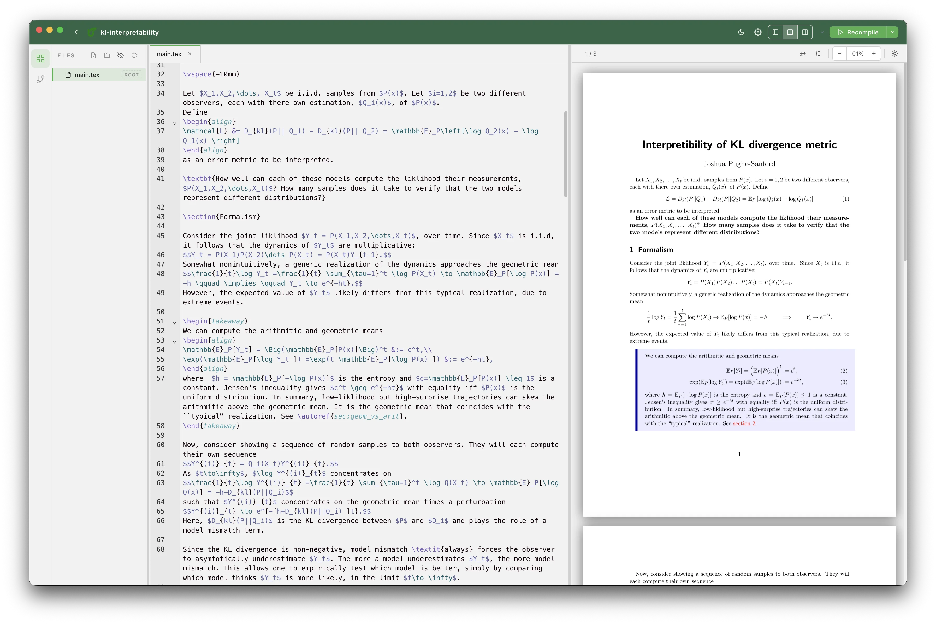 The Underleaf editor view, with LaTeX source on the left and the live PDF preview on the right