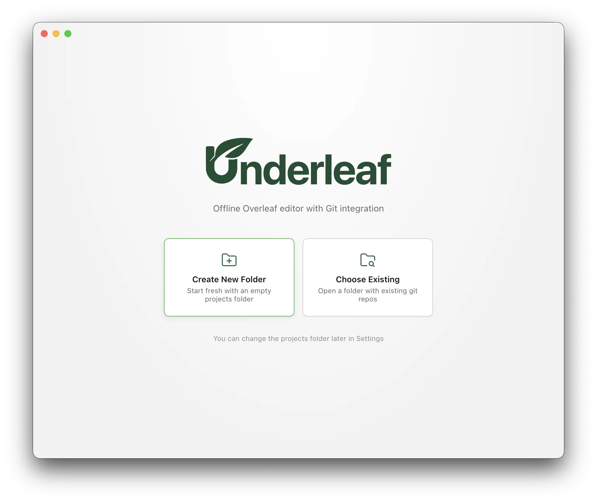 The Underleaf welcome screen